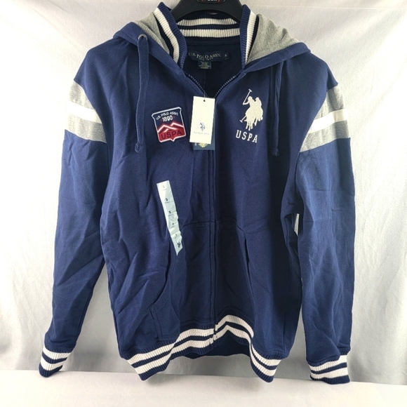 NWT U.S. Polo Assn. Hooded ful zip stripe trim hoodie sweater Size small - Picture 1 of 4